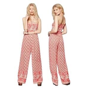 Free People Vintage Tube Jumpsuit Women's Large Orange White Boho Hippie Artsy